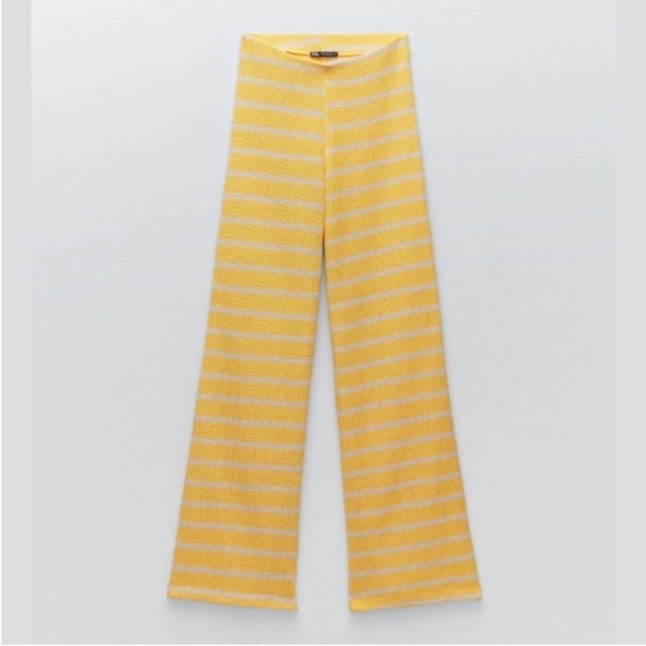 Zara Pants - Zara Open Knit Striped Pants Yellow White Straight Leg Size Small